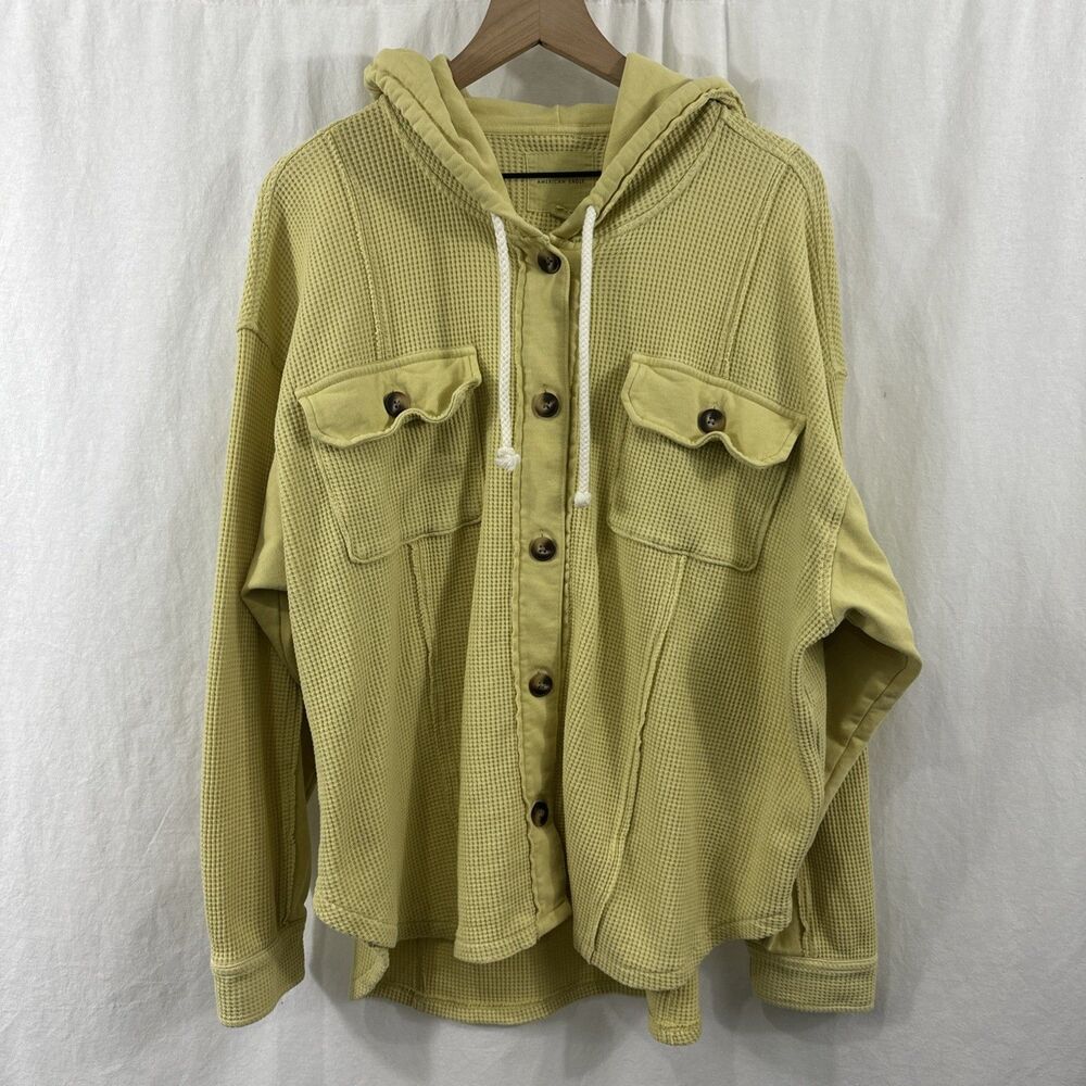 American Eagle Outfitters Olive Green Waffle Knit Hooded Button-Up